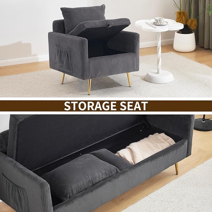Furnimart 3-Seater Storage Sofa and Couch, Corduroy Loveseat with Accent Single Chair, Small Living Room Furniture Set for Apartment, Tiny Homes and Lofts, 2PC-Gray