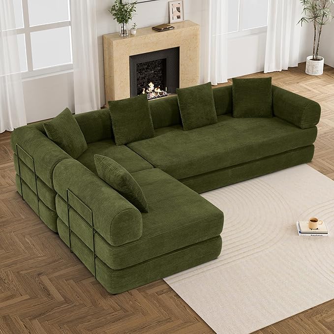 DAMAIFROM 157" Convertible Sleeper Sofa Bed Set with Pillow, 4-in-1 Corduroy Folding Mattress Boneless Couch with Fixed-Shape Frame, Fold Out Floor Sofa Cama Lounge Couch for Living Room, Olive Green
