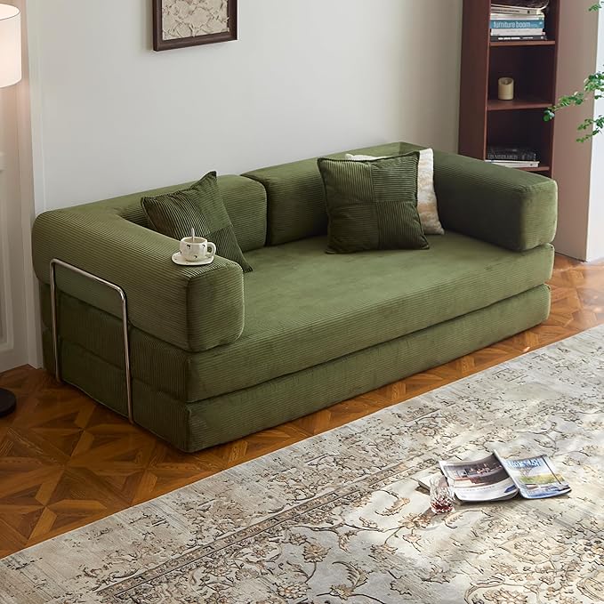LIAROO 98.4" Convertible Sofa Bed - Compression Sofa with Corduroy Fabric - with Armrests and Backrest - Modular Sectional for Living Room, Bedroom, Studio - Compression Sofa in Box (Green)