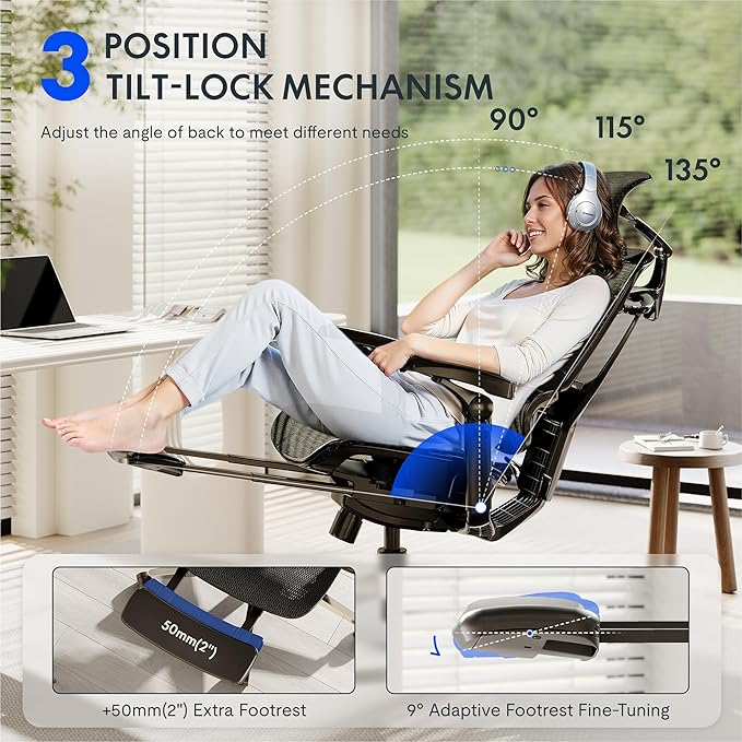 FLEXISPOT ErgoX-PRO Ergonomic Office Chair with Footrest Black – 5D Lumbar, 7D Armrests, 4D Headrest, 551LB Capacity, Cloudtech Cushion – Office, Gaming, Bedroom