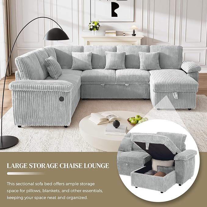 Modular Sectional Sleeper Sofa with Pull Out Bed, Storage Chaise & USB Charging, U Shaped Plush Corduroy Sectional Couches for Living Room, Comfy Convertible 7 Seat Cloud Sofa Bed, Light Grey