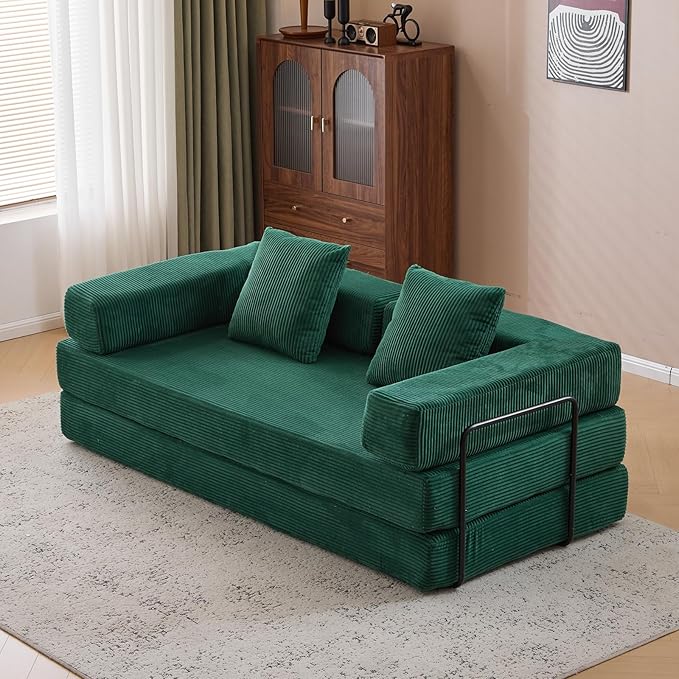 77" Convertible Foldable Floor Couch, 3-Seat Futon Sleeper Sofa for Living Room, Bedroom, or Apartment, with Pillow Backrest and Armrests, Corduroy Fabric, No Assembly Required, Dark Green