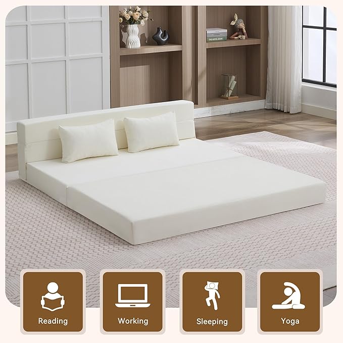 Folding Sofa Bed Convertible Floor Couch Foldable Chair Bed with Pillow，Linen Sleeper Chair Futon,Foldable Memory Foam Mattress for Bedroom/Living Room/Dorm/Office (Beige, Queen)