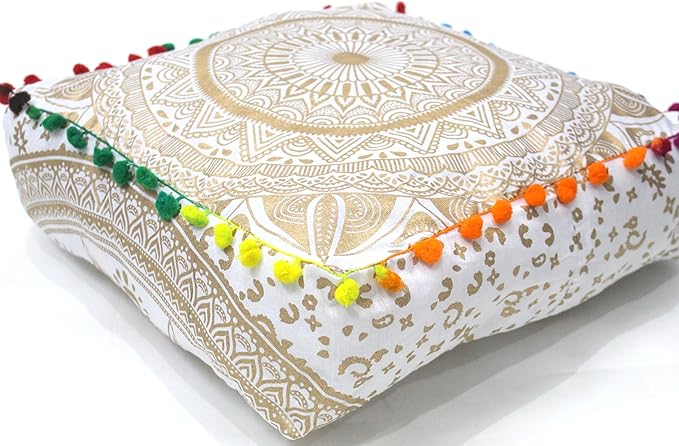 CRAFT KALA Gold Large Hippie Mandala Meditation Floor Ottoman Pillow Cushion Pouf Cover Square Poufs Bohemian Circle Floor Cushion Case Outdoor Fireplace Yoga Living Room Decor Cover 24" Square