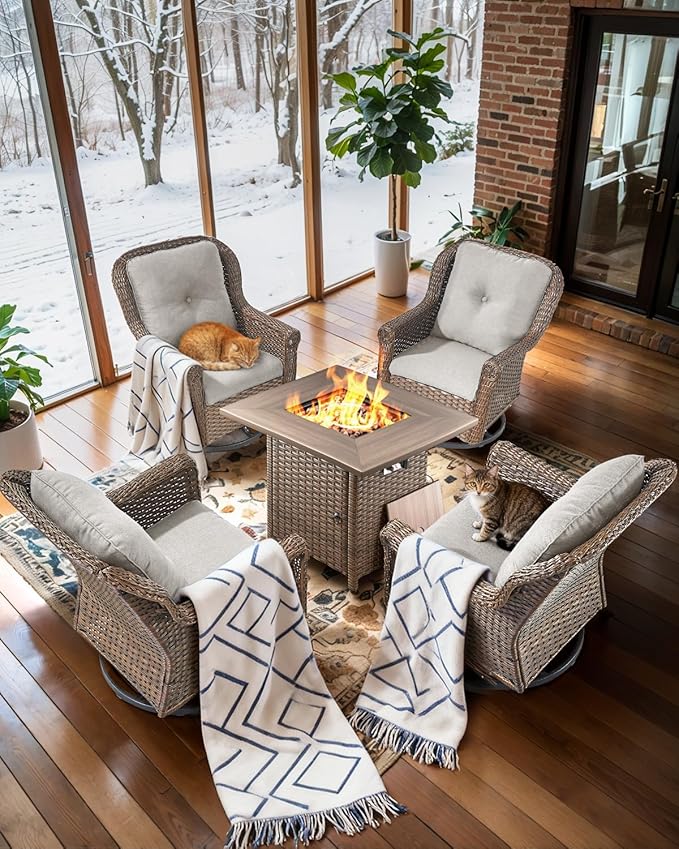 ACTREST Patio Chairs Outdoor Swivel Glider - Set of 4 High Back Outside Brown Wicker Rattan Rocking Chair with Thick Cushion for Porch Apartment Deck Yard Poolside Garden - Beige