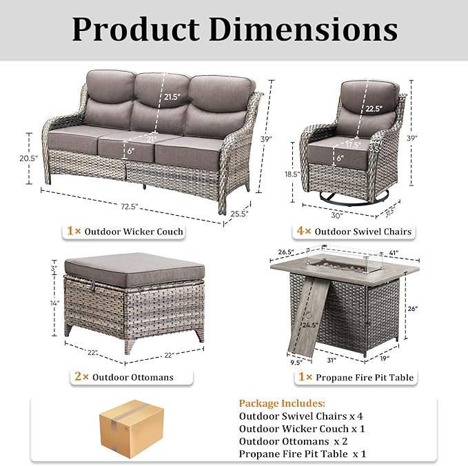 Pugire Luxury Patio Furniture Set with 42.5" Fire Pit Table, 8 Pieces High Back All Weather Wicker Outdoor Furniture w/ 6-Inch Thick Cushions, Patio Swivel Chairs Couch for Deck Balcony Backyard Grey