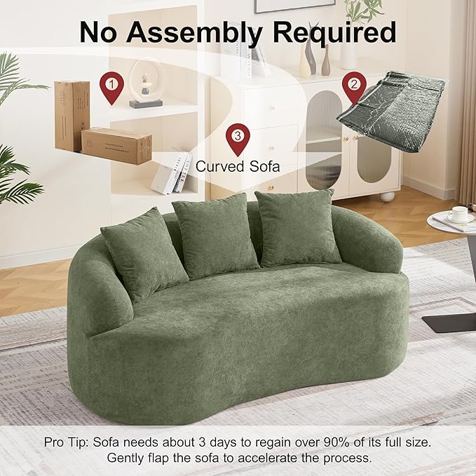 Abbrevi 65" Curved Loveseat Sofa, Deep Seat Love Seat Couches with 3 Throw Pillows, Modern 2 Seater Boneless Curved Couch, Compressed Floor Sofa for Living Room Small Spaces, No Assembly, Green