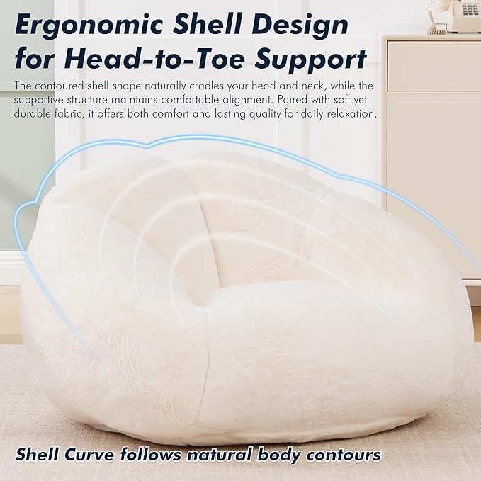 3.28 Feet Bean Bag Chair for Adults, Shell-Shaped Bean Bag Lazy Couch, Faux Fur Cloud Sofa Chair, Lounge Floor Sofa with Filler for Reading, Gaming & Watching, No Assembly Required (Beige)