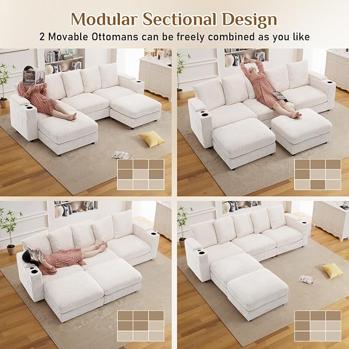 110" W x 60" D U Shape Sectional Sofa with USB Charging & Cup Holder & Storage, 5 Seater Plush Corduroy Couches with Movable Ottoman, Cloud Couch Sofas for Living Room, DIY Combination - Beige White