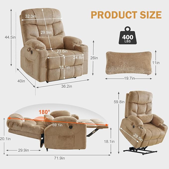 CDCASA Oversized Dual Motor Lay Flat Power Lift Recliner Chair with Massage, Heat, Textile Infinite Position Large Recliner Chairs for Big Men & Elderly, Lumbar Pillow, USB & Type-C Ports,2PCS, Beige
