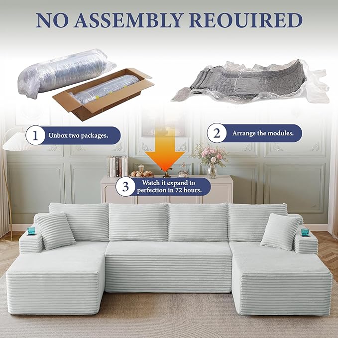 96" Sectional Couches for Living Room Cloud Couch Sofa with L-Shape Upholstered Boneless Couchs Modern Modular Sectional Couch with Chaise (Light Grey, 133" W+U Facing Chaise)