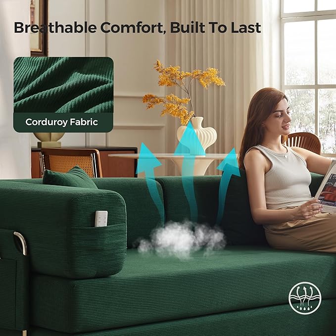 Carzzi-Life 79" Convertible Sofa Bed with Pillows, Corduroy Folding Sleeper Sofa with Fixed-Shape Frame, Boneless Couch for Living Room Bedroom, Floor Sofa Lounge No Assembly Required (Green)