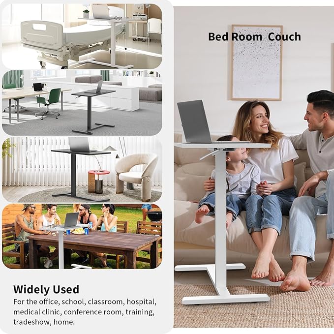 Mobile Standing Desk, Pneumatic Adjustable Rolling Desk(31.5 Inches), Portable Laptop Desk with Wheels, Overbed Bedside Table Laptop Table for Couch, Home, Office, White