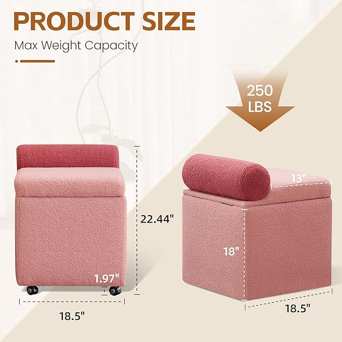 Boucle Vanity Chair with Storage, Swivel Vanity Stool with Safety Hinge, Upholstered Makeup Chair with Wheels, Square Ottoman Stool for Living Room, Dressing, Bedroom, Pink