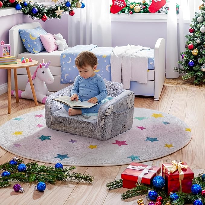 Lamerge 2-in-1 Soft Toddler Couch Fold Out,Foldable Toddler Chair, Glow in The Dark Kids Sofa for playroom,Convertible Foam and Floor Cushion for Boys and Girls (Grey and Football)