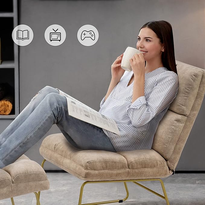 MCombo Accent Chair with Ottoman Set, Modern Armless Chair for Living Room, Bedroom, Small Space 4013 (Heat-Stamped Fabric, Beige)