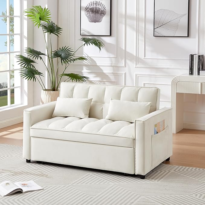 3 in 1 Convertible Sleeper Sofa Bed, Futon Couches for Living Room with Side Pocket | Adjustable Backrest| Velvet Fabric | Pull Out Couch | Love seat Sofa|2-seat Sofa Bed (GEIGE)