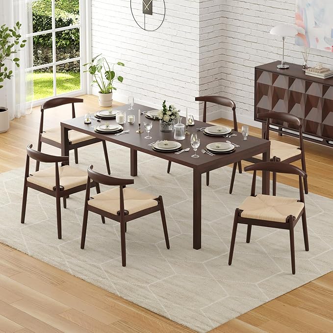 Farini Mid Century Modern Dining Chairs Set of 4, Solid Wood Frame Kitchen Chairs with Woven Upholstered Seat for Dining Room & Breakfast Nook,Latte-Beige