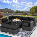 RADIATA 9 Piece Wicker Patio Furniture Set with Fire Pit, All-Weather Outdoor Sectional Couch High Back Large Size, Modular Backyard Seating Sofa Set with Propane/Natural Gas Firepit Table, Grey&Black