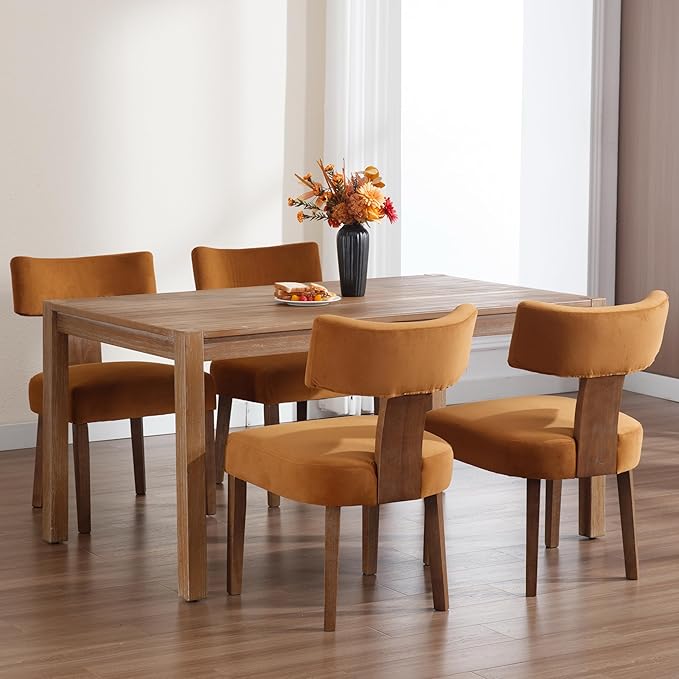 RIVOVA Velvet Dining Chairs Set of 4 Modern Dining Chair with Wood Legs, Upholstered Dining Chairs for Dining Room, Kitchen, Vanity, Living Room, Yellow Brown