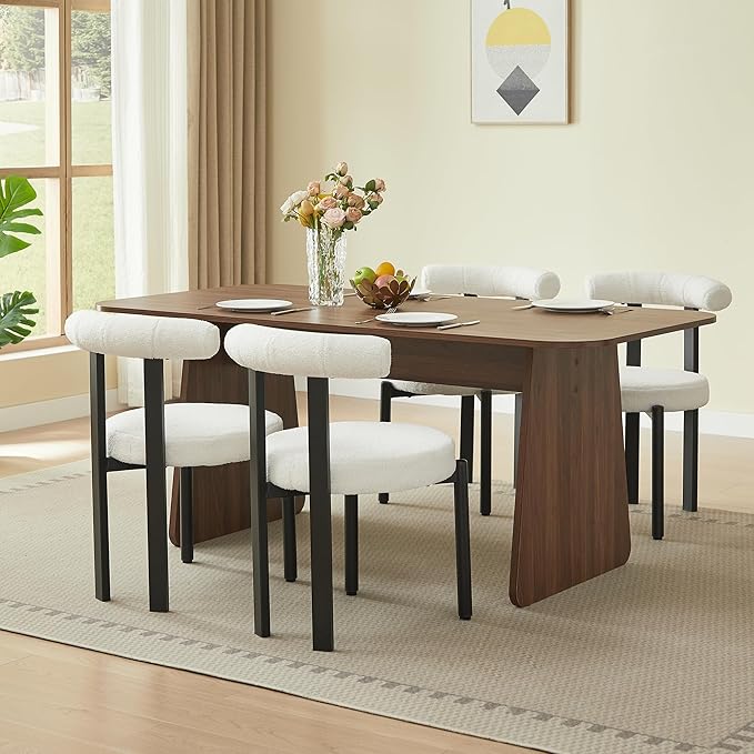 Kiztir Dining Chairs Set of 4, Modern Boucle Dining Chairs with Curved Backrest and Black Metal Legs, Upholstered Teddy Dining Room Chairs for Kitchen, Living Room, Bedroom (Beige)