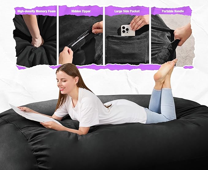 Hobestluk 6FT Bean Bag Chair Large Beanbag Lounger with Removable Cover Adult Bean Bag Chair with Portable Handle Desgin for Living Room Bedroom (Black, 6FT)