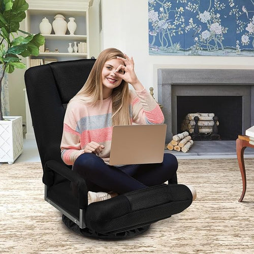 360° Swivel Gaming Chair 6 Adjustable Positions Backrest with Armrest Foldable Floor Chairs Suitable for Reading, Relaxing, Mediation,Black
