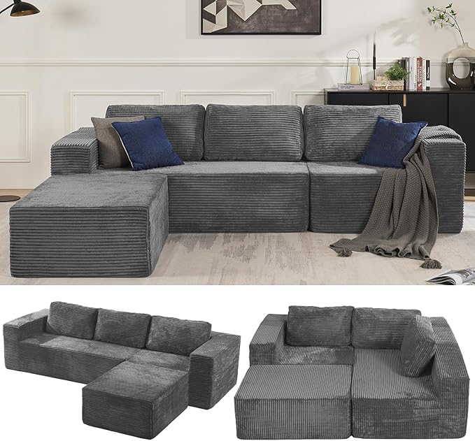 Furnify 106" 3-Seater Sofa, Cloud Modular Sofa with Certified Foam, Upholstered Floor Sofa with Deep Seat, Upholstered Sofa for Bedroom Living Room, No Assembly Required (Plush Corduroy Fabric, Grey)