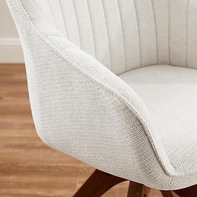 Art Leon Desk Chair No Wheels, Mid Century Modern Office Chair, Swivel Accent Chair with Oak Wood Legs, Fabric Upholstered Arm Chair, Ivory
