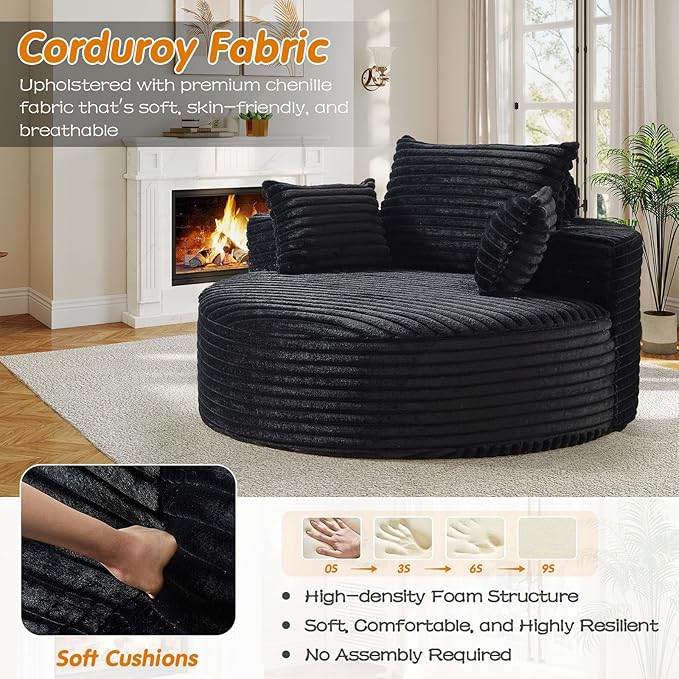 55"W Oversized Round Chair Lounge Chaise Indoor, Upholstered Comfy Circle Sofa Armchair, Modern Cozy Boneless Foam Floor Reading Chair for Living Room, Bedroom, No Assembly Required(Corduroy, Black)