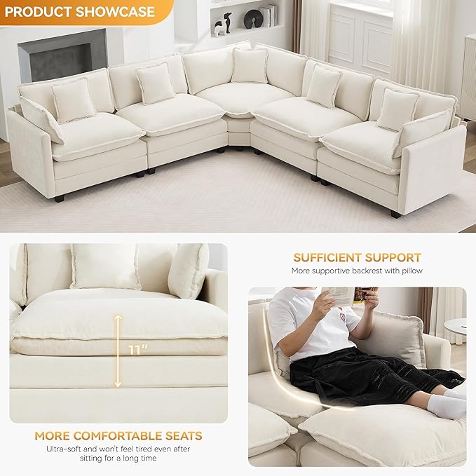 113'' V Shaped Cloud Sectional Sofa, Oversized Deep Seat Couches for Living Room, Chenille Comfy Upholstered Modular Sectional Sofa Couch, Beige