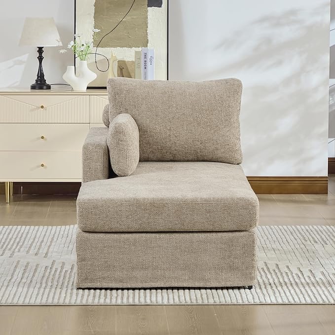 KEIKI 60" Chaise Lounge Chair Indoor, Modern Deep Seat Sofa Bed, Corduroy Couch with Cushions, Single Sleeper Chair for Living Room, Bedroom, Apartments, Taupe (Left Side)