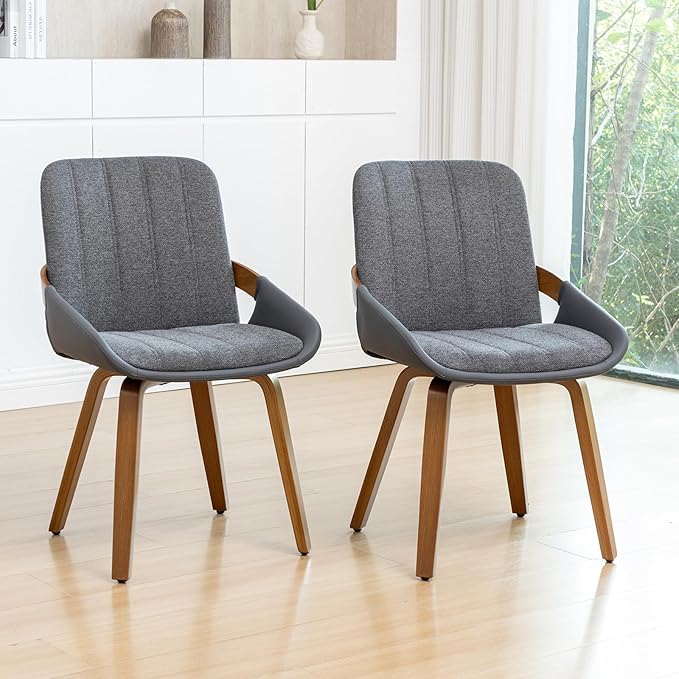 YOUUGIOR Dining Room Chairs Set of 4, Mid Century Modern Gray Fabric+Faux Leather Kitchen Chairs No Arms,Bamboo Legs Side Chairs No Wheels,Accent Chair for Dining Rooms