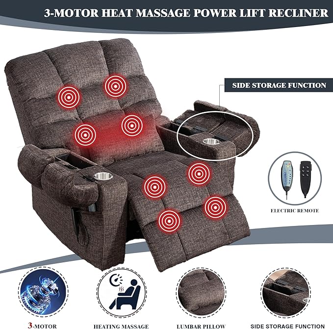Triple Motor Zero Gravity Power Lift Recliner Chair for Elderly, Extra Wide Lay Flat Recliner with Lifts Vertically, Legs Elevated Above The Heart, Heat Massage, Arm Storage & Cup Holders