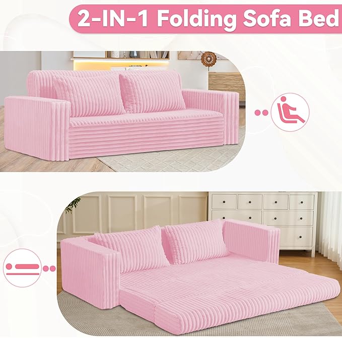 HABUTWAY Folding Sofa Bed, 2 in 1 Convertible Sleeper Chair with 2 Pillows, Portable Fold Out Chair Bed with Armrest, Comfy Floor Couch, Lazy Sofa for Living Room Bedroom Dorm Home Office, Pink