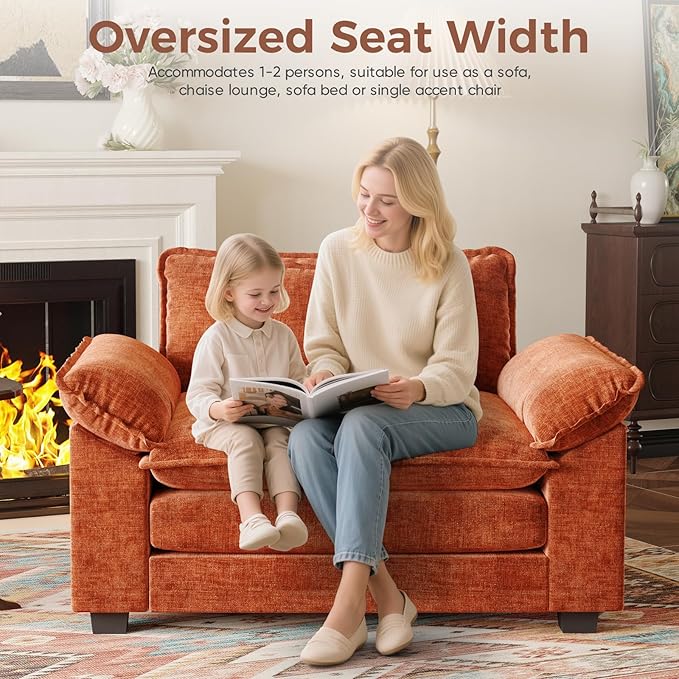 HUSFU Oversized Accent Chair with Ottoman, Chenille Cloud Couch Chair with Deep Seat and Extra Wide Armrests, Comfy Reading Armchair for Bedroom, Living Room, Set of 2, Terracotta Orange