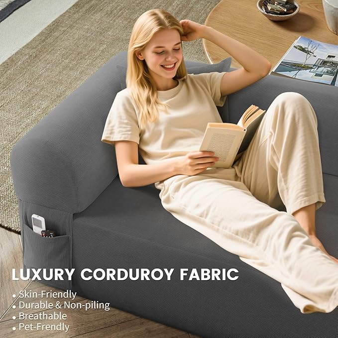 GJQ 3 Seater Couch, Corduroy Boneless Couches for Living Room,Compressed Cloud Sofa in a Box with 2 Pillows & Storage Bag,Memory Foam Floor Sofa with Armrests,No Assembly Required,Gray