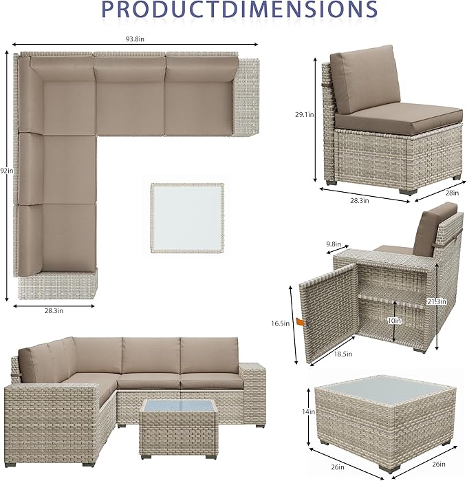 Broivira 12 Piece Patio Furniture Set, 9.8" Wide Arm Sectional Sofa with Storage Armrests, All-Weather Rattan Outdoor Conversation Set for Garden, Porch, Lawn, Backyard, Balcony, Khaki