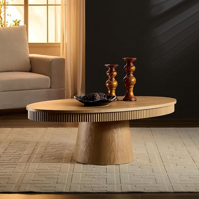 Coffee Table Modern Oval Wood Coffee Tables Mid Century Center Fluted Farmhouse Drum Tea Boho Wooden for Living Room Apartment Home Office Oka 47.24" W x 26.77" D x 15.86" H