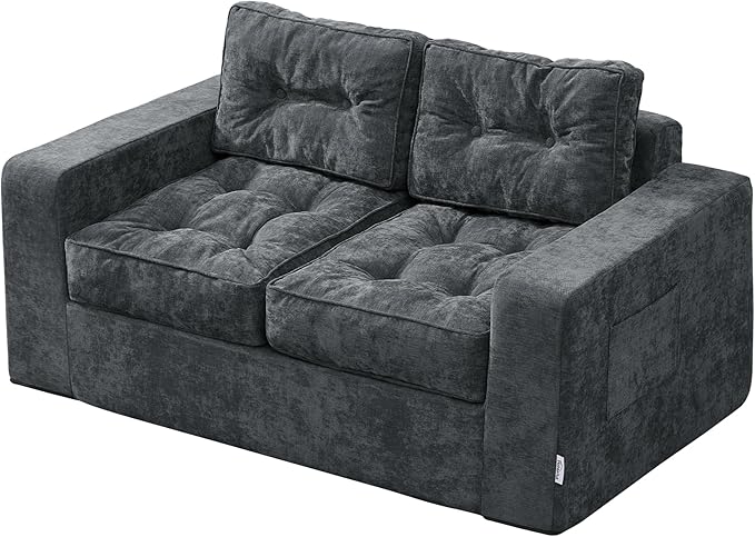 Hobestluk Sofa Couch Loveseat Sofa with Chenille Fabric 2-Seater Sofa for Small Spaces Comfortable Foam Floor Sofa 2 in 1 Boneless Couch for Living Room Bedroom (Blue Grey, Loveseat)