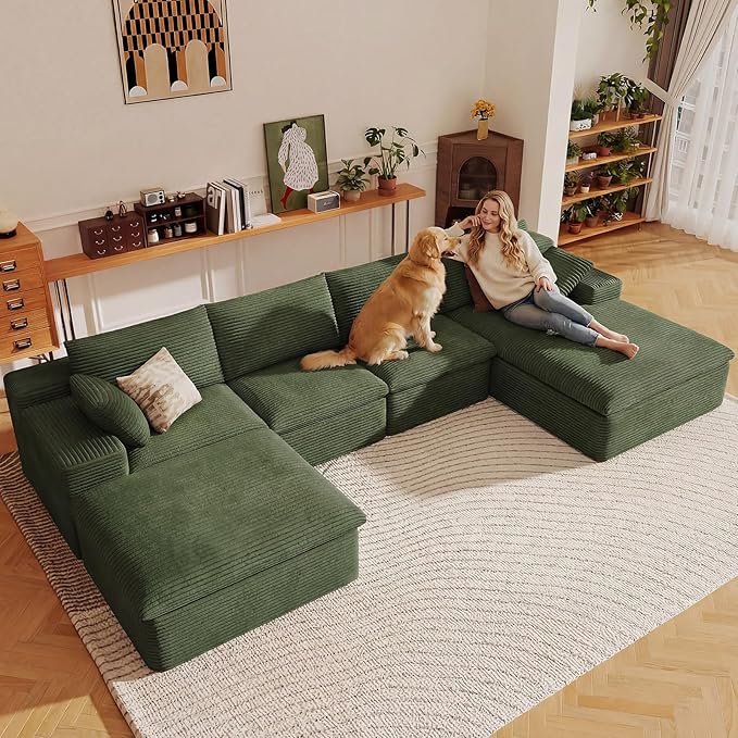 136" Cloud Sectional Couch with U-Shaped Chaise,Corduroy Viral Boneless Sofa with Ottoman,Memory Foam Couches in a Box with Deep Seat for Living Room,No Assembly Required (Green,Right-Facing Chaise)