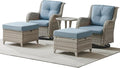 Patio Furniture Swivel Chairs Set - 5 Piece Rattan Wicker Outdoor Sectional Conversation Sets with 2 Swivel Rocking Chairs,2 Ottomans and 1 Side Table for Porch Deck Garden(Light Grey/Sky Blue)