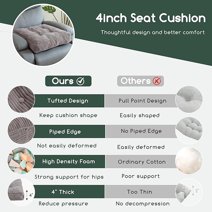 Tufted Corduroy Recliner Seat Cushion for Elderly, High Density Foam Large Square Seat Cushion for Recliner Chair, Floor Pillow, Office Chair, Car, No Pressure on Thighs, 20x20x4