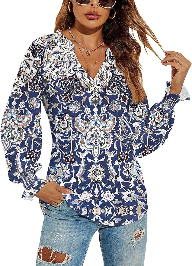 Romanstii Women's Casual V-Neck T-Shirts Loose Puff Long Sleeve Tops Tunic Blouses