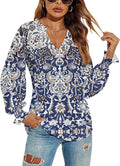 Romanstii Women's Casual V-Neck T-Shirts Loose Puff Long Sleeve Tops Tunic Blouses