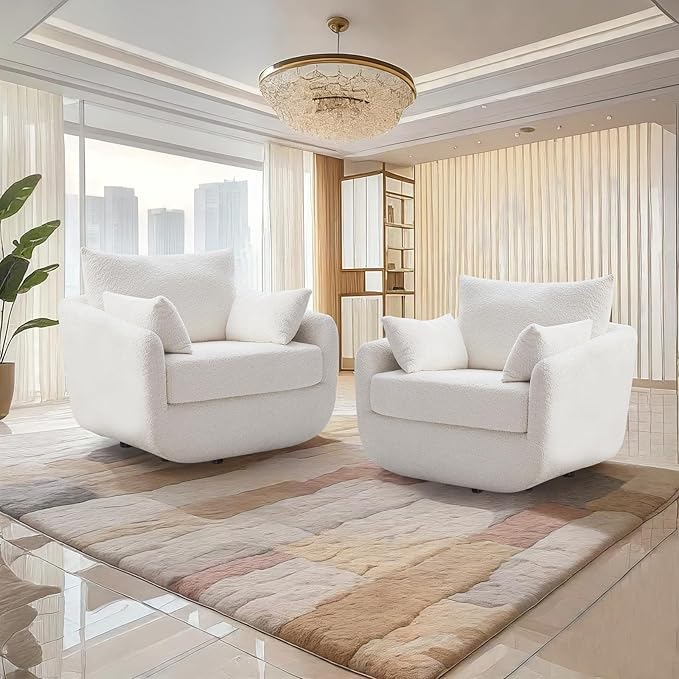 UNUQLIVCO 360° Swivel Accent Armchair Set of 2, 39.3" Oversized, Sherpa Boucle Fabric Sofa Chair with Removable Back & Arm Pillows, Swivel Chairs with Cozy Soft Padded, White