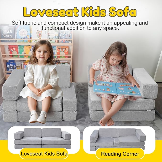 MeMoreCool Kids Modular Play Couch – 10-Piece Foam Climbing Sofa Set for Ages 2–6 | Creative Fort Building, Reading & Nap Time | Washable Plush Covers, Light Grey