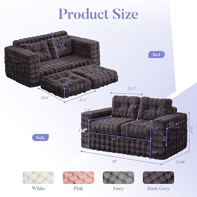 Hobestluk Sofa Couch Loveseat Sofa with Bubble Fabric 2-Seater Sofa for Small Spaces Comfortable Foam Floor Sofa 2 in 1 boneless couch for Living Room Bedroom Apartment or Office (Dark Grey, Loveseat)