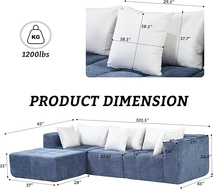 Modular Sectional Sofa,Oversized Cloud Sectional Couch with Deep Seat Modern Boneless L-Shape Lounge Sofa No Assembly Required with Pillows for Living Room Bedroom(Blue)