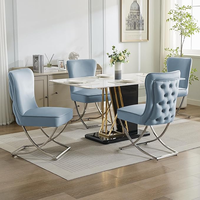 WUTUTUEE Luxury Velvet Dining Chairs, Tufted Upholstered Armless Accent Chairs with Silver Metal X-Legs, Modern Glam Dining Room Chair Set of 6, Light Blue
